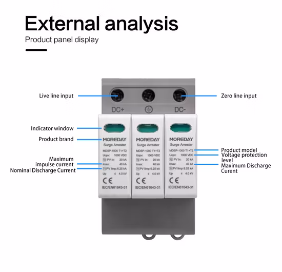 Moreday 흰색 색상 3p 1000V 1500V DC 서지 보호기 SPD DC 서지 보호기